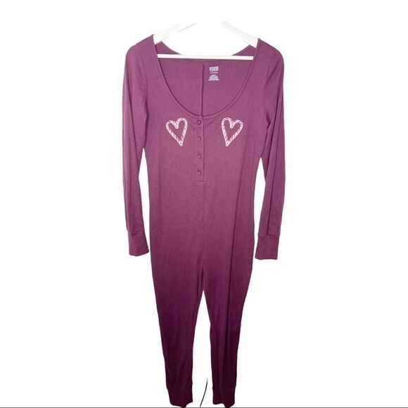 PINK Victoria's Secret Other - VICTORIA'S SECRET PINK Plum Burgundy Candy Cane Heart Onesie Pajamas Rom…
